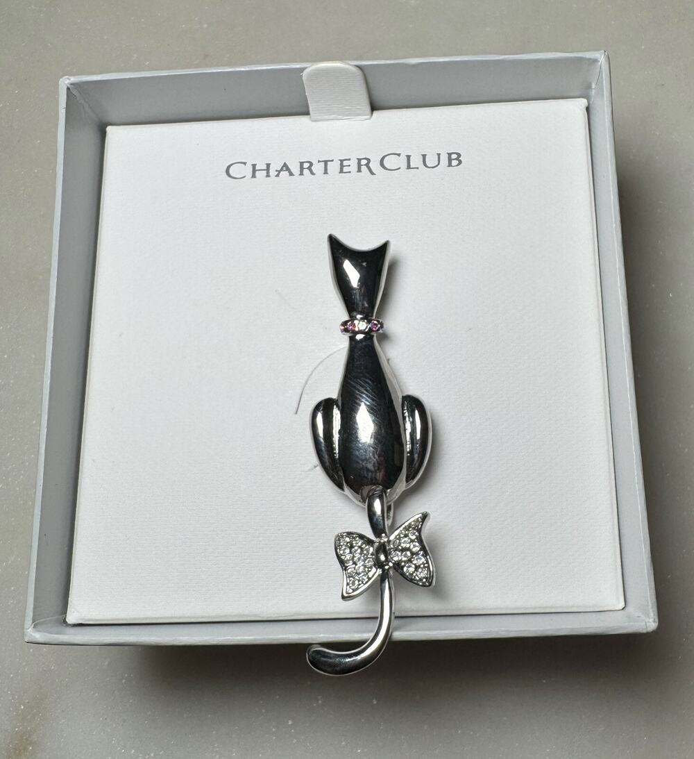 Charter Club Articulated Tail Cat Kitty Brooch Pin Silver Tone New In Box